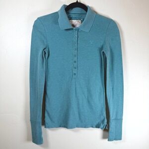 Vintage Y2K American Eagle Long Sleeve Eagle Polo Shirt Womens Small Teal Fitted